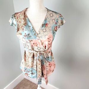 Xhilaration Faux Wrap V Neck Tie Waist Cap Sleeve Top Size Medium